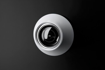 Poster - Modern compact security camera with wide-angle lens mounted on gray background for home surveillance and monito system
