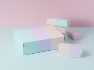 Poster - Minimalist pastel colored rectangular architecture structures with geometric blocks on soft pink and blue background for modern design aesthetic