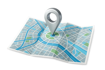 Fototapete - Location pin marking specific point on folded urban map, representing navigation and travel planning with clean translucent backdrop