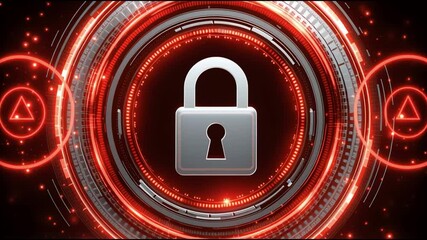 Poster - Glowing Red Digital Interface with Padlock Icon Showcasing Cybersecurity, Data Protection, and Futuristic Design Elements in Secure Digital Environment