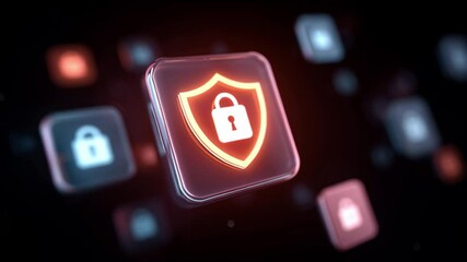 Poster - Glowing Red Shield Icon with Lock Symbol Showcasing Cybersecurity, Data Protection, Digital Security, Encryption, and Futuristic Design in Dark Themed Background