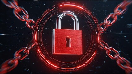 Poster - Glowing Red Padlock with Chains and Circular Digital Interface Highlights Cybersecurity, Data Protection, and Futuristic Security in Digital Environment