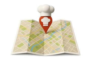 Poster - Location pin marking restaurant on paper city map, chef hat icon highlighting dining destination for food delivery and culinary business marketing