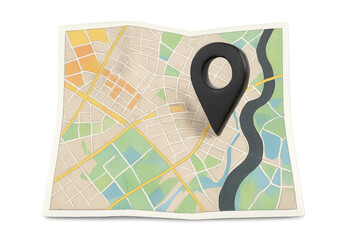 Fototapete - Black location pin marking folded paper city map, 3d rendering with transparent background, highlighting travel and navigation themes