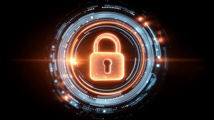 Poster - Glowing Orange Padlock Icon in Futuristic Digital Interface Symbolizing Cybersecurity, Data Protection, and Advanced Security with Vibrant Light Effects and Innovative Technology