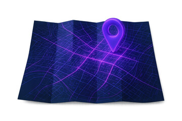 Fototapete - Glowing purple map highlighting urban location, futuristic cityscape pin marking destination against transparent background