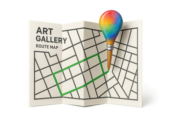 Fototapete - Folded paper map highlighting art gallery path, paintbrush marking location, transparent backdrop, supporting creative design concepts