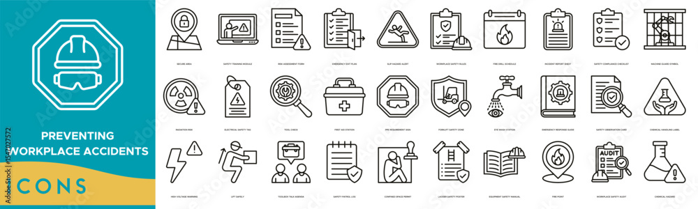 Preventing Workplace Accidents icon set. Secure Area, Safety Training ...