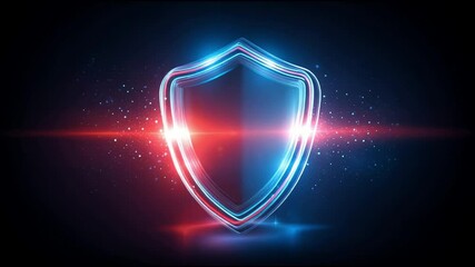 Poster - Glowing Shield with Neon Blue and Red Lights Showcasing Digital Protection, Cybersecurity, Advanced Technology, and Vibrant Security Design in Futuristic Dark Background