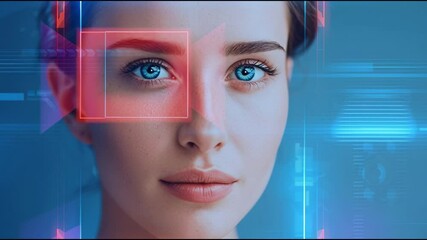 Poster - Futuristic Close Up of Woman Face with Digital Interface and Holographic Overlays Highlighting Innovation, Technology, and Blue Neon Elements in Concept of Facial Recognition