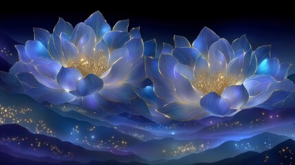 Wall Mural - Elegant Blue Lotus Flowers  Golden Accents  Night Mountains  Cinematic Lighting  5K