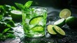 © An - A refreshing green drink with ice and lime slices in a clear glass, garnished with mint leaves, on a dark wooden table with a blurred background of greenery.