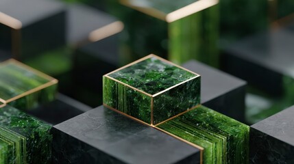 Poster - Abstract Green Marble Cubes Gold Accents Geometric Background Texture