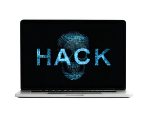 Poster - HACK, skull, blue digital text, and cyber threat displayed on laptop screen, symbolizing hacking, cybersecurity risk, and digital crime in modern technology environment