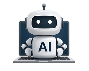Poster - Robot laptop digital artificial intelligence technology white cartoon cute innovation futuristic—A cheerful white cartoon robot with AI its chest sits front of laptop symbolizing digital