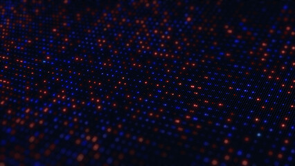 Poster - Abstract technology background featuring a grid matrix of glowing blue and red dots, representing data processing, digital flow, or a futuristic display. Shallow depth of field creates a dynamic feel.