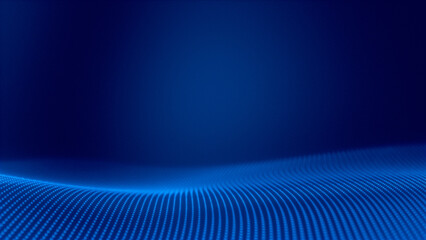 Poster - Abstract technology particles mesh background featuring glowing blue dots forming a flowing digital wave. Represents data, network, or futuristic concepts on a dark blue backdrop. 3D render