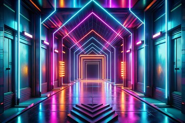 Wall Mural - Neon nightscape corridor with vibrant lights and electric atmosphere in digital art