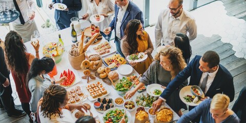 Poster - A diverse group of men and women enjoying a vibrant buffet spread. The gathering features a variety of delicious foods, showcasing a lively atmosphere of celebration and community.