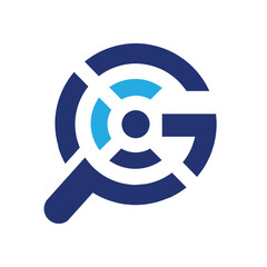 Leinwandbilder - The image shows a flat logo design of an initial letter G with a magnifying glass shape and an abstract person in blue color that looks clean and modern on a white background