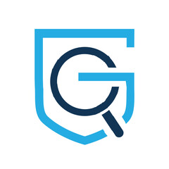 Poster - The image shows a flat logo design of an initial letter G in shield shape with a magnifying glass shape in blue color that looks clean and modern on a white background

