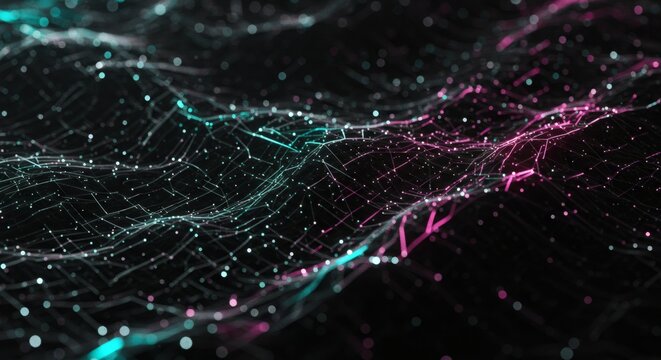 Abstract Data Visualization Dynamic Waves of Pink and Teal Digital Particles
