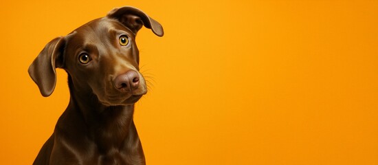 Poster - Curious chocolate brown dog with tilted head against vibrant orange background, perfect for pet-themed advertising poster or mockup template use.