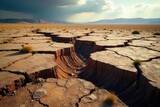 Dramatic cracked earth landscape after a powerful earthquake, revealing deep fissures and tectonic shifts Perfect for disaster, environmental, or geological projects , upheaval, seismic event