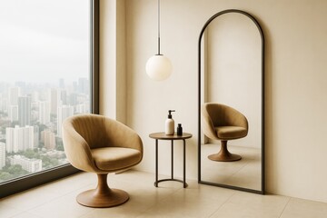 Aufkleber - Modern minimalistic interior with tan chair, floor mirror, and pendant light in high-rise room overlooking city through large window. Ai generative.