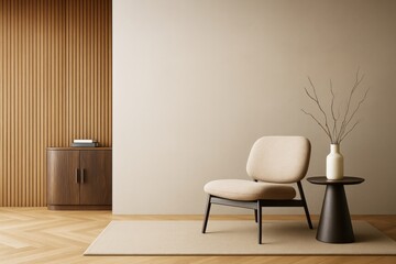 Aufkleber - Minimalist contemporary interior with beige armchair, wooden side table, and vertical panel wall in calm soft lighting on wooden floor background.