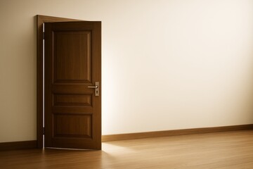 Poster - Wooden door ajar in a modern empty room with soft lighting and clean interior architecture concept on a light background wall and wood floor.