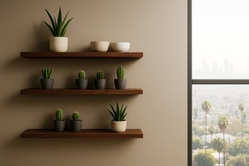 Aufkleber - Modern interior with wooden wall shelves holding potted cacti and succulents near a large window overlooking cityscape in daylight.