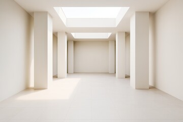 Poster - Minimalist modern interior room with skylights and columns in soft natural lighting, showcasing clean architecture and open contemporary design.