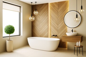 Aufkleber - Modern minimalist bathroom with freestanding tub, wooden wall panels, and pendant lights in natural warm tones with soft lighting decor.