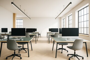 Poster - Modern empty office interior with rows of desks, computers, and chairs under large windows and ceiling lights in contemporary design style.