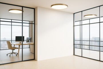 Poster - Modern empty office interior with glass partition, minimalist furniture and city view through large windows in bright contemporary building space.