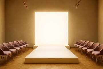 Poster - Minimalist fashion runway room with soft lighting, modern chairs, and a glowing square backdrop in a contemporary architectural interior space.