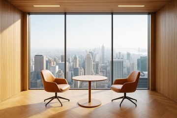 Poster - Modern high-rise office interior with wooden walls, round table, leather chairs, and panoramic city skyline view through floor-to-ceiling windows.