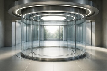 Poster - Futuristic circular glass room with metal frame and soft natural lighting in modern architectural interior space with tiled floor and wall panels.