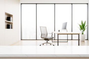 Poster - Modern bright office interior with white desk and large windows in background, ideal for branding or product mockup display concept scene.