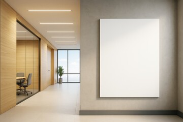 Poster - Blank canvas mockup on office wall in modern interior with wood and glass partitions, natural light, and clean architectural design concept.