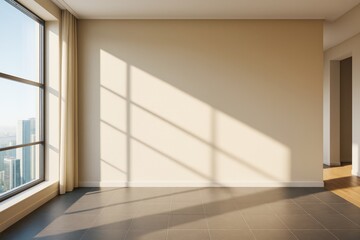 Poster - Sunlit modern empty room with large window and beige wall casting shadows, clean tiled floor, and city view in background. Ai generative.