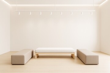 Poster - Minimalist interior room with beige benches and wooden bench under spotlights in empty modern space with clean walls and light wood flooring.