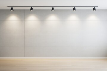 Poster - Minimalist contemporary interior with spotlights on blank tiled wall and wooden floor in empty room for branding or design mockup concept background.