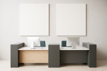 Poster - Modern office interior with two minimalist desks and blank posters on wall for branding or mockup concept in clean contemporary space..