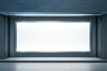 Aufkleber - Empty illuminated blank billboard on modern dark tiled wall background in contemporary indoor architecture for branding or advertisement mockup template.
