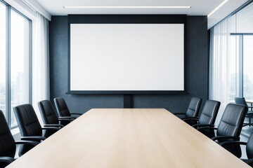 Poster - Modern empty conference room with blank screen and large table in contemporary office interior with bright light and panoramic windows.