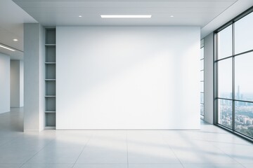 Poster - Empty modern office room interior with white blank wall and large windows overlooking city skyline in bright daylight. Ai generative.