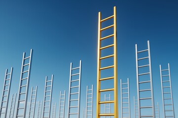 Poster - Golden ladder standing out among silver ladders with clear blue sky background, symbolizing business success and creative leadership advantage.