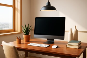 Poster - Modern minimalist home office desk with desktop computer, books, plant and stylish light in soft daylight near window, serene business concept.